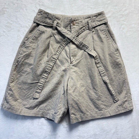 Eddie Bauer Shorts Women Sz 6 Beige Linen Blend High Waist Belted Casual 90s Y2K - Picture 1 of 14